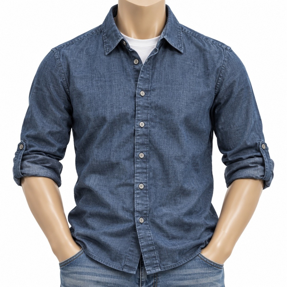 APC Rue Madame Paris Mens Blue Chambray Denim Roll Tab Button Down Shirt Size M